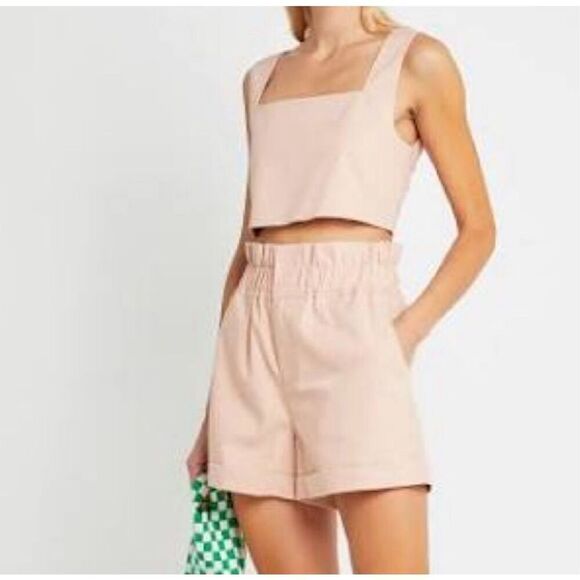 Anthropologie OPT Women's M Viennna 2Pc Set Shorts Square Neck Tank Nude Beige - Picture 1 of 9
